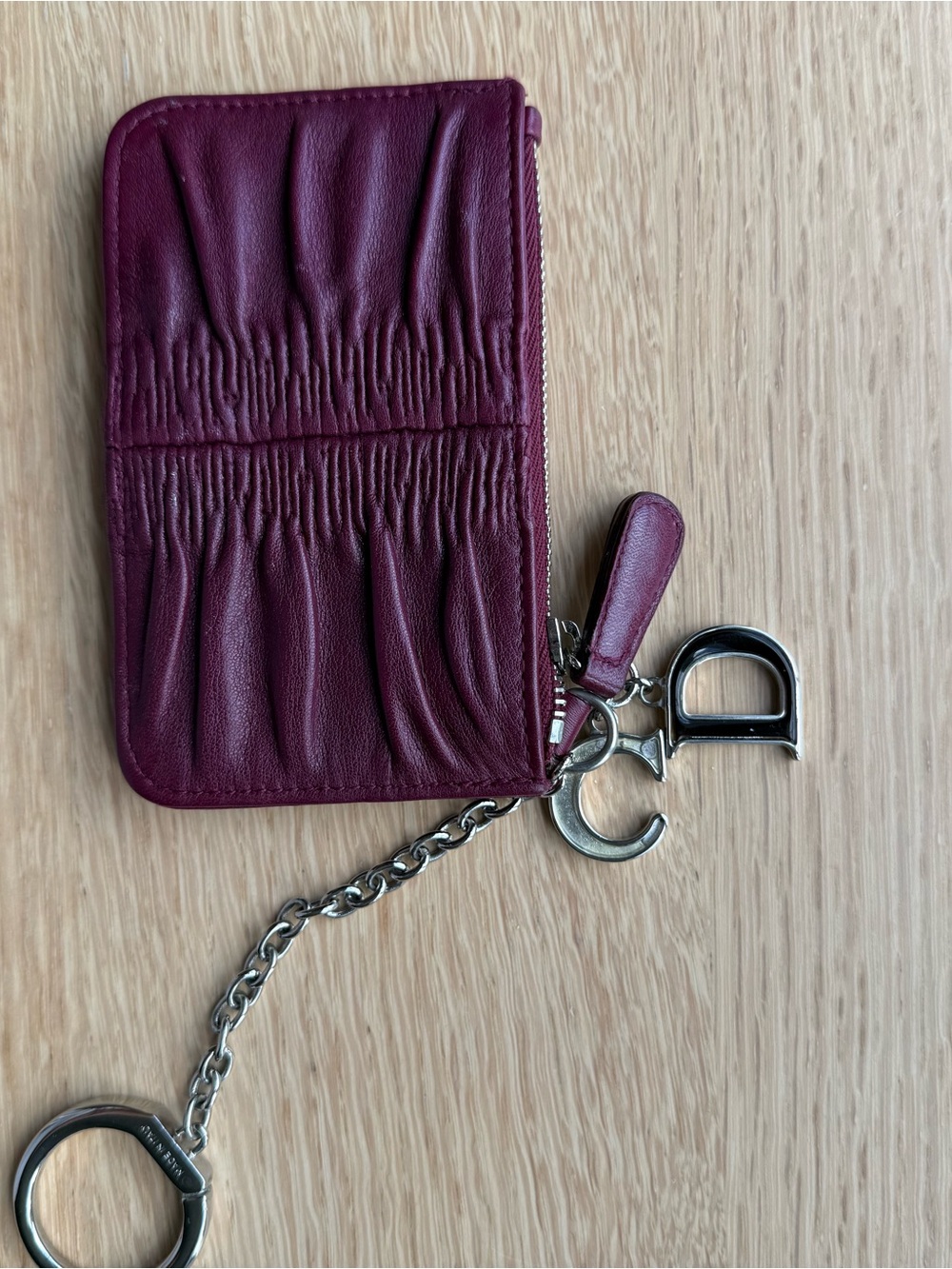 Dior Plum Gathered Leather Zip Card Holder with Charm Keychain